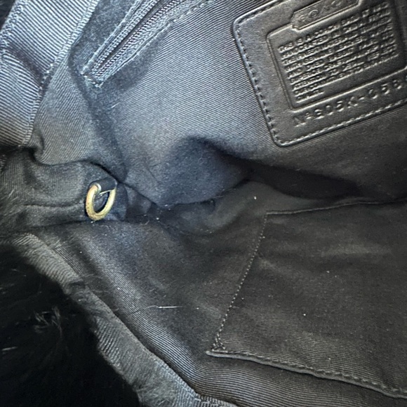 Coach Signature Satin Quilted Rabbit Fur Trimmed Hobo Handbag Black - Picture 12 of 16